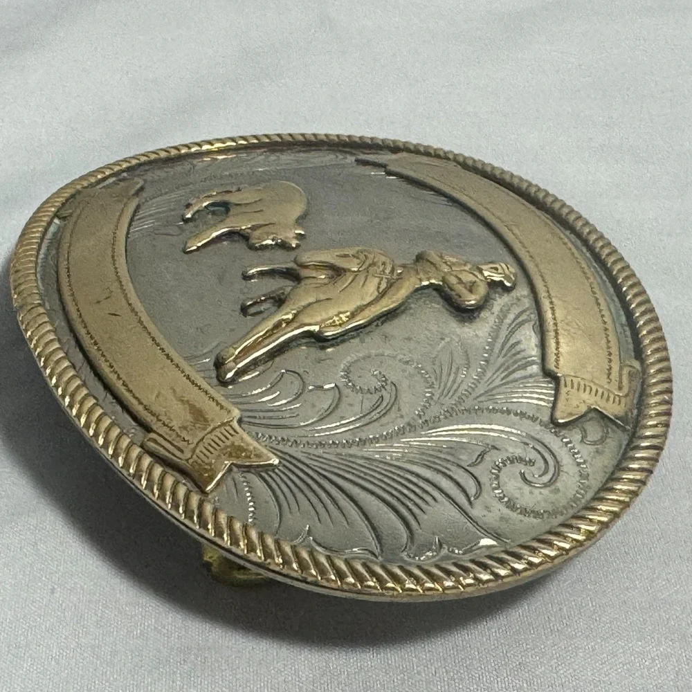 Vintage German Silver Cutting Horse working Steer Belt Buckle‎ No Engraving